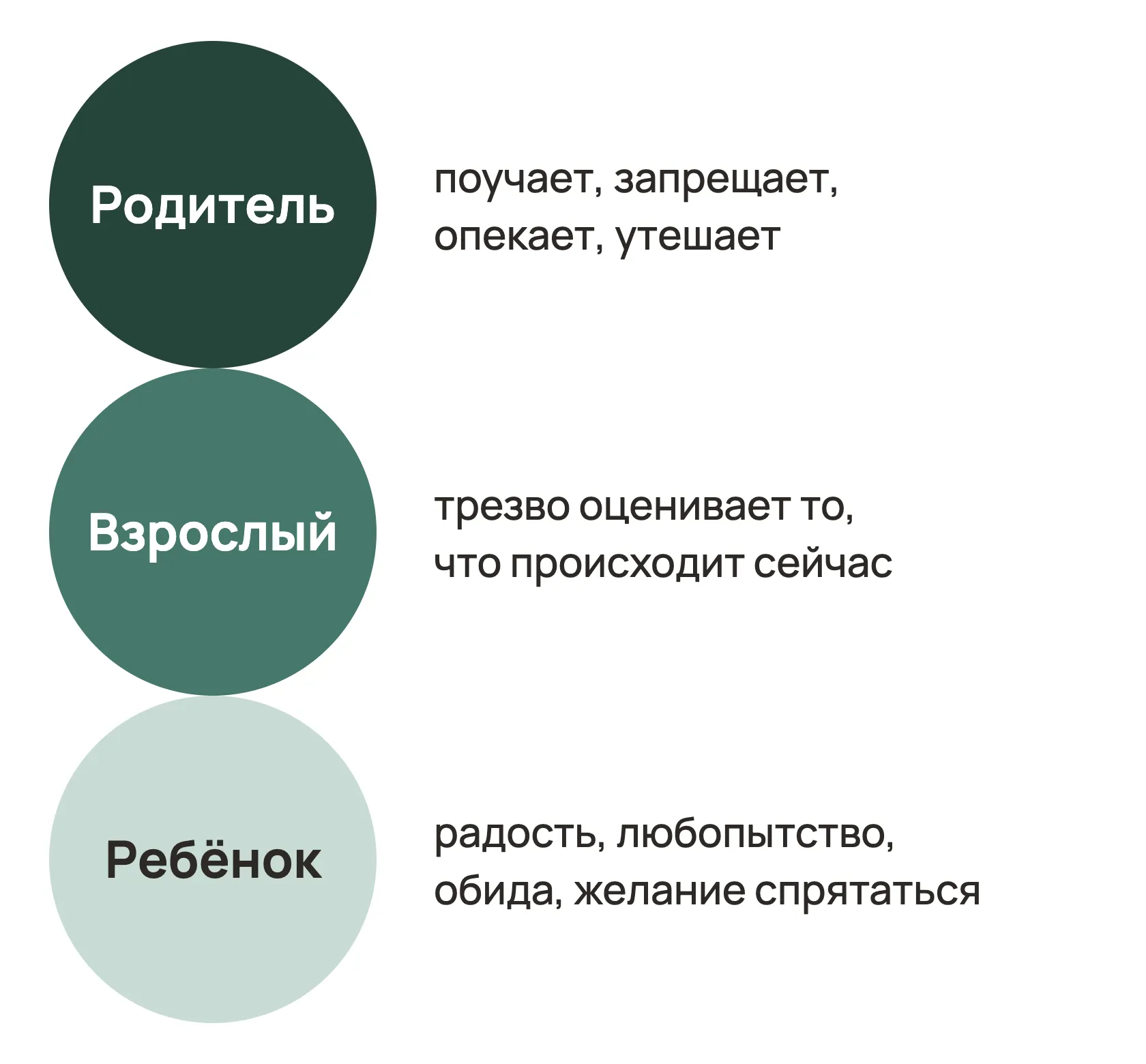 Схема: три круга один над другим. Родитель — поучает, запрещает, опекает, утешает. Взрослый — трезво оценивает то, что происходит сейчас. Ребёнок — радость, любопытство, обида, желание спрятаться